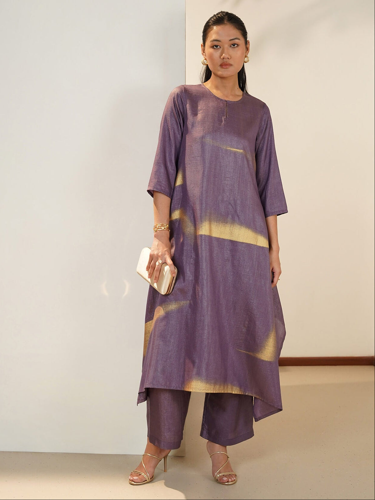 Silk Blend Gold Geometric Print Kurta Set - Purple