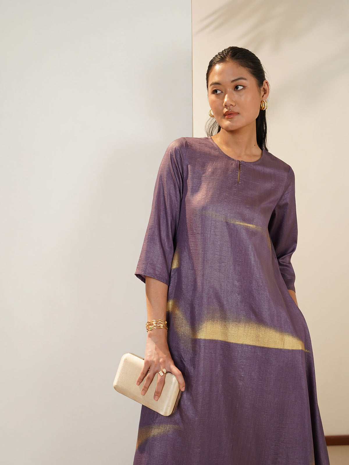 Silk Blend Gold Geometric Print Kurta Set - Purple