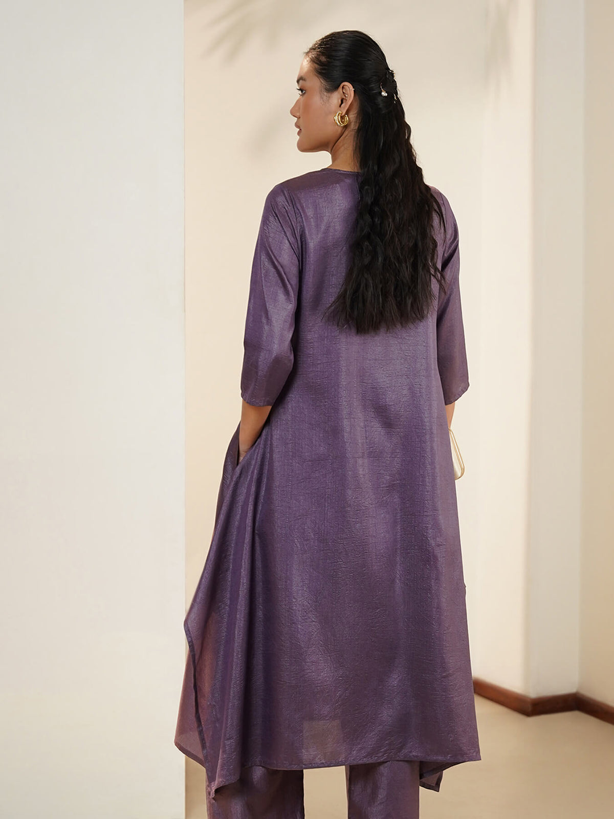 Silk Blend Gold Geometric Print Kurta Set - Purple
