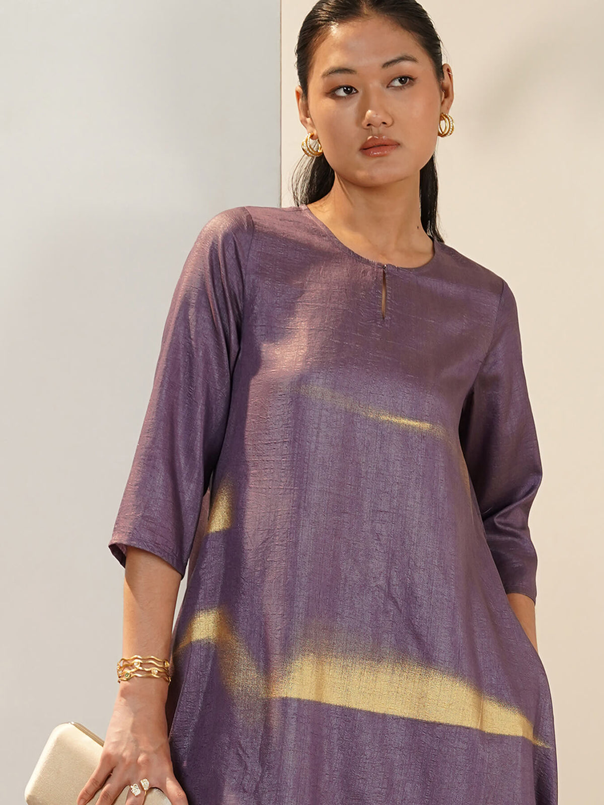 Silk Blend Gold Geometric Print Kurta Set - Purple