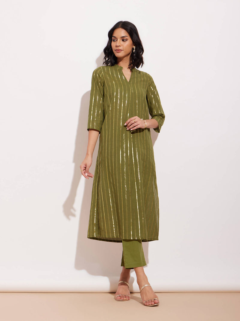 Cotton Lurex Gold Striped Kurta Set - Green