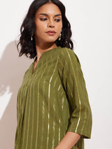 Cotton Lurex Gold Striped Kurta Set - Green