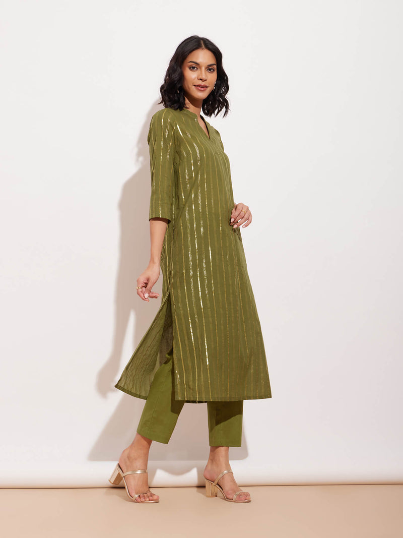 Cotton Lurex Gold Striped Kurta Set - Green