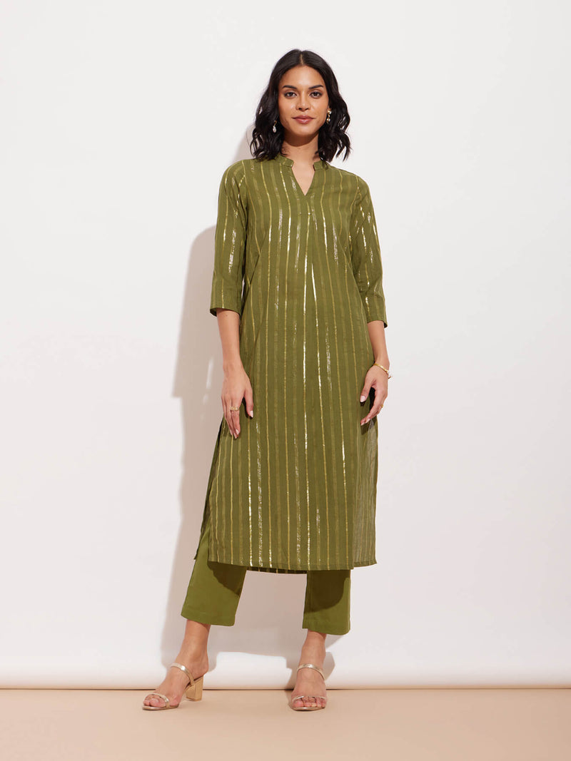 Cotton Lurex Gold Striped Kurta Set - Green