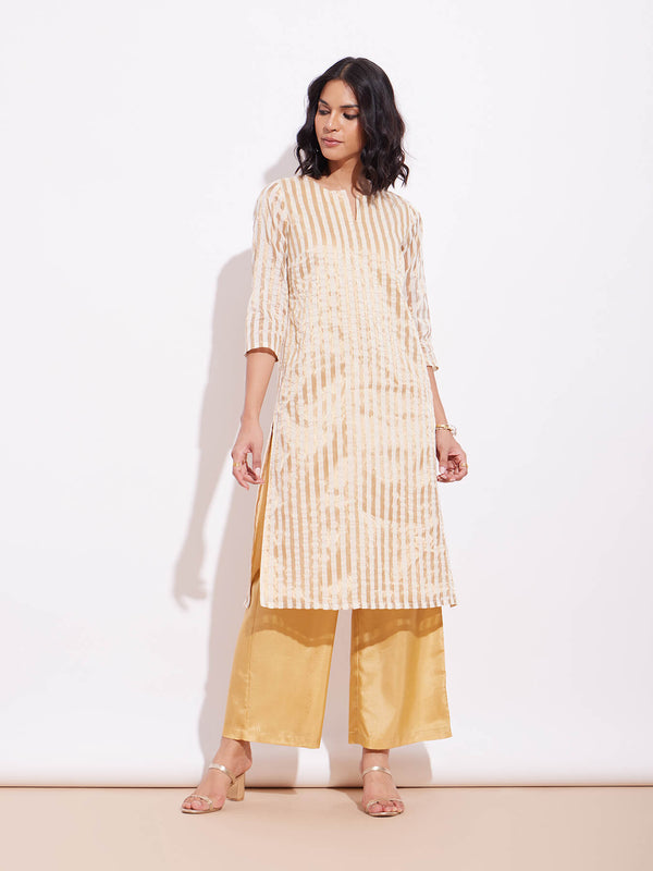 Viscose Silk Striped Kurta Set - Off-White & Gold