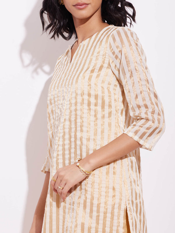 Viscose Silk Striped Kurta Set - Off-White & Gold