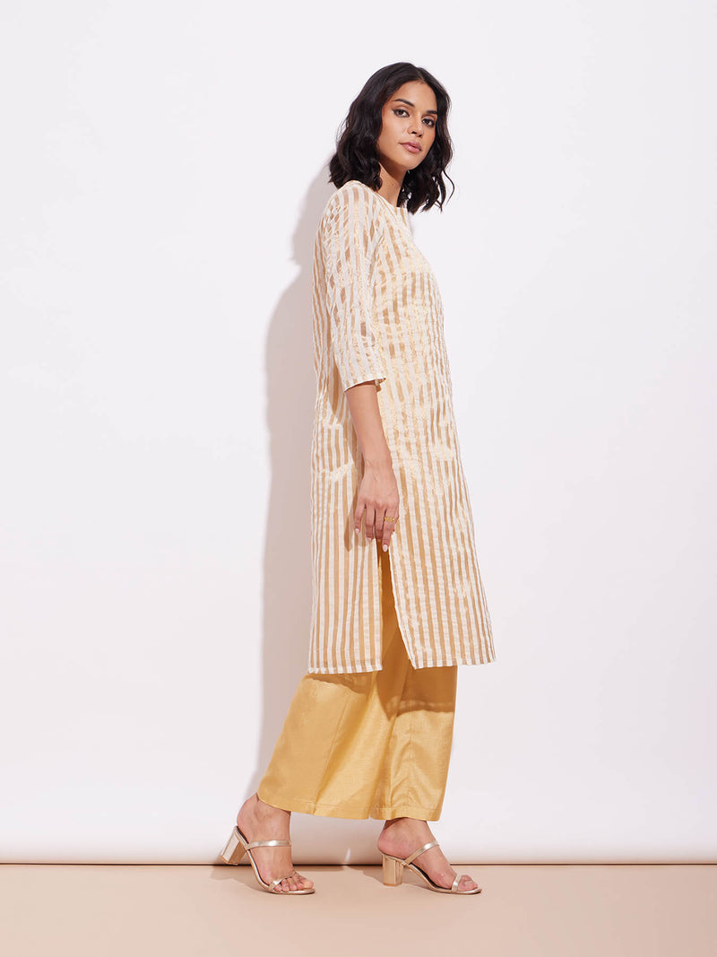 Viscose Silk Striped Kurta Set - Off-White & Gold