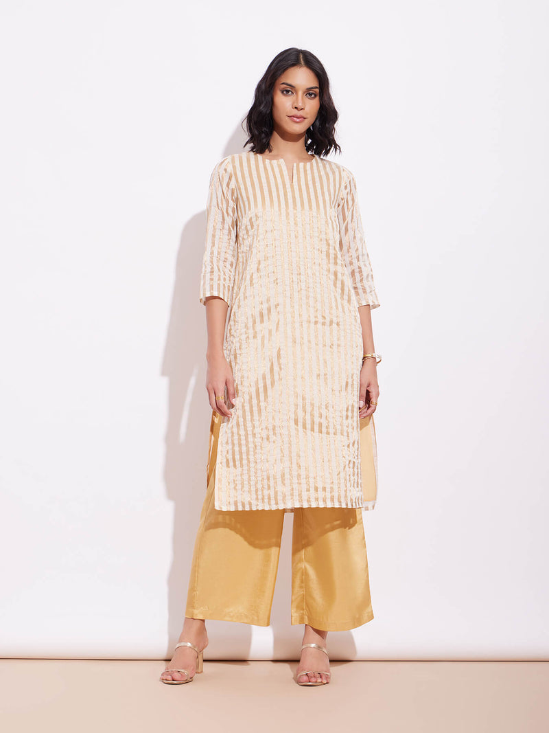 Viscose Silk Striped Kurta Set - Off-White & Gold