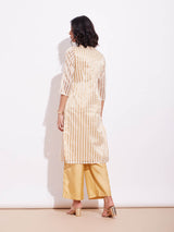 Viscose Silk Striped Kurta Set - Off-White & Gold