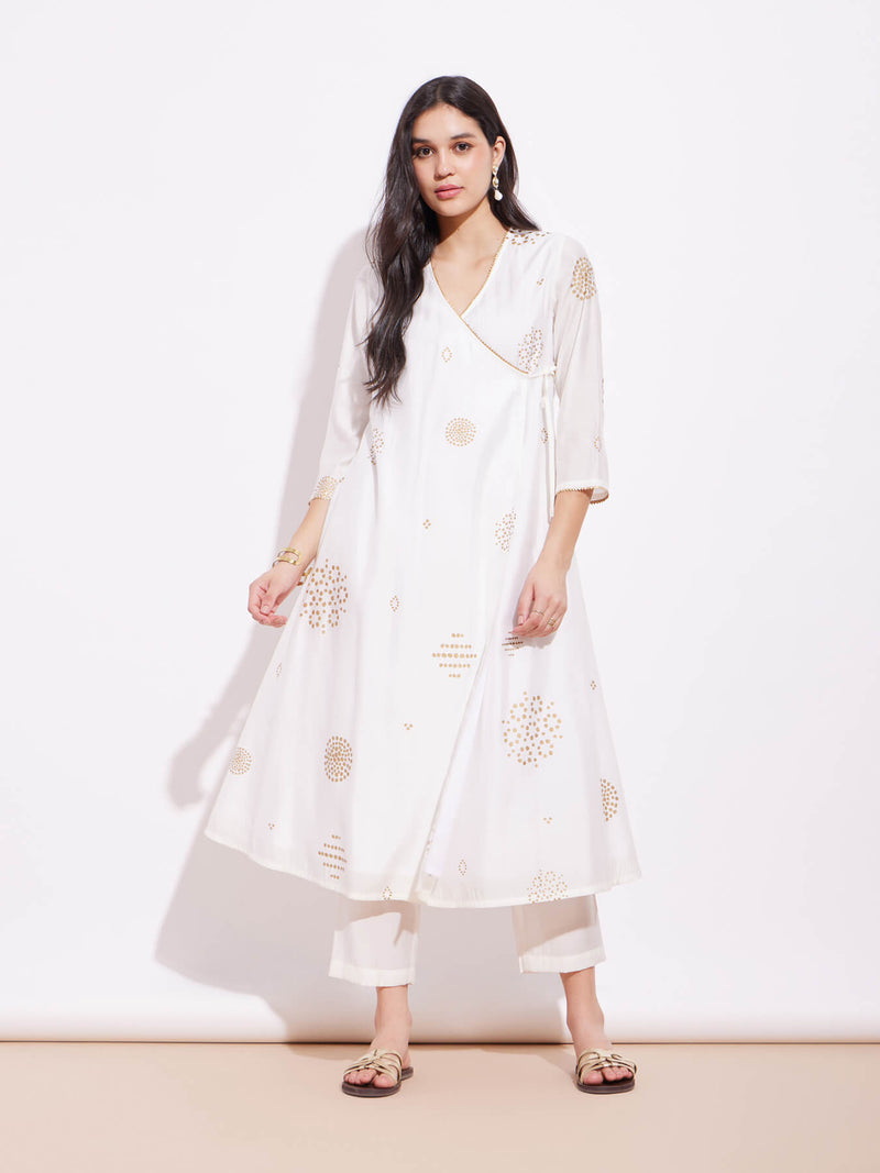 Poly Silk Angrakha Kurta Set - Off-White & Gold