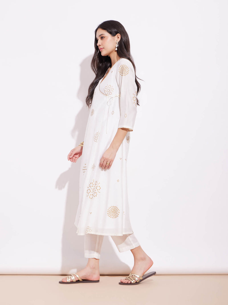 Poly Silk Angrakha Kurta Set - Off-White & Gold