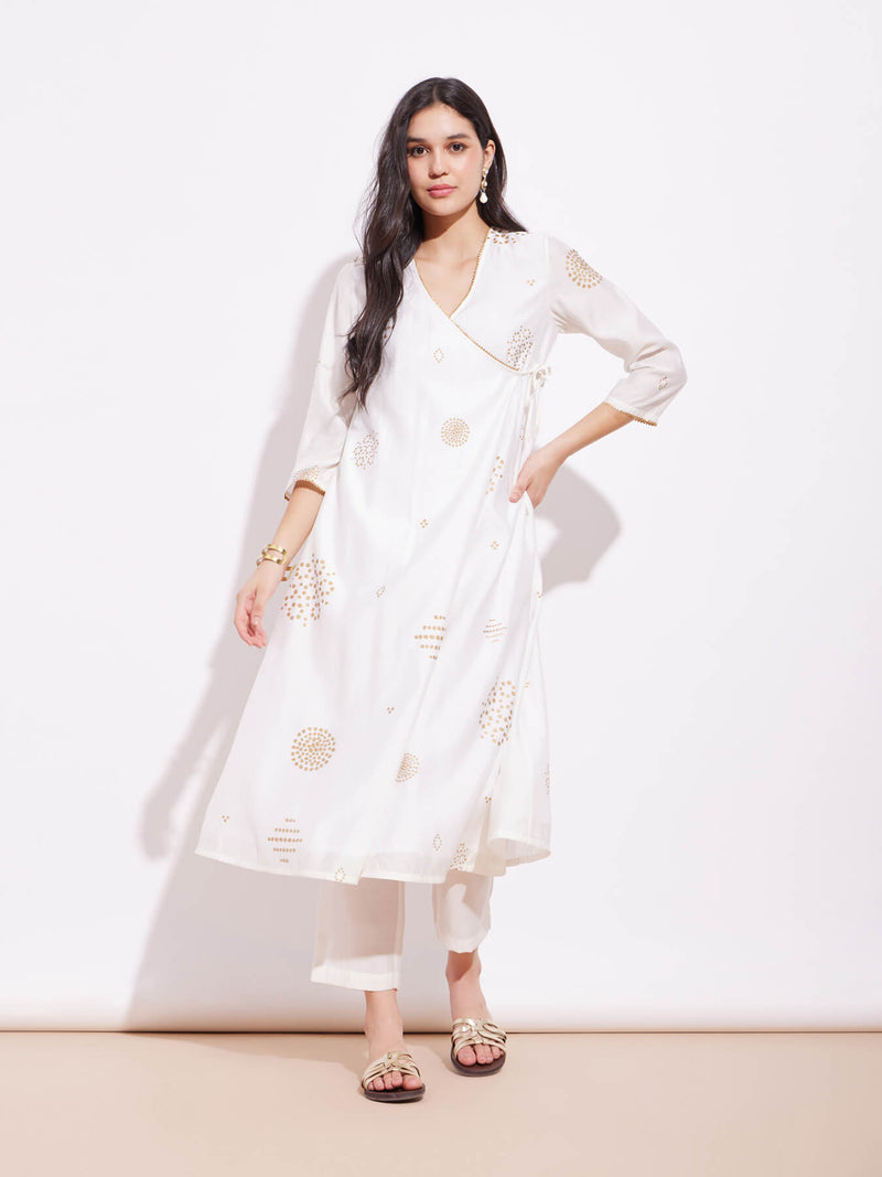 Poly Silk Angrakha Kurta Set - Off-White & Gold