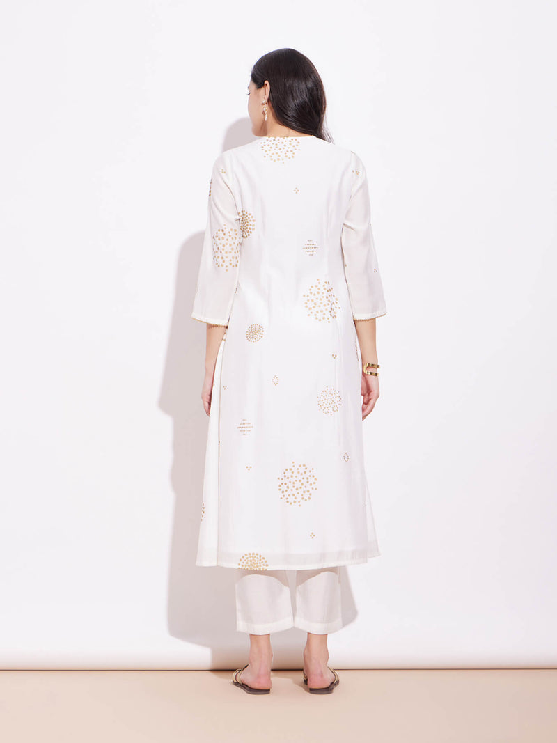 Poly Silk Angrakha Kurta Set - Off-White & Gold