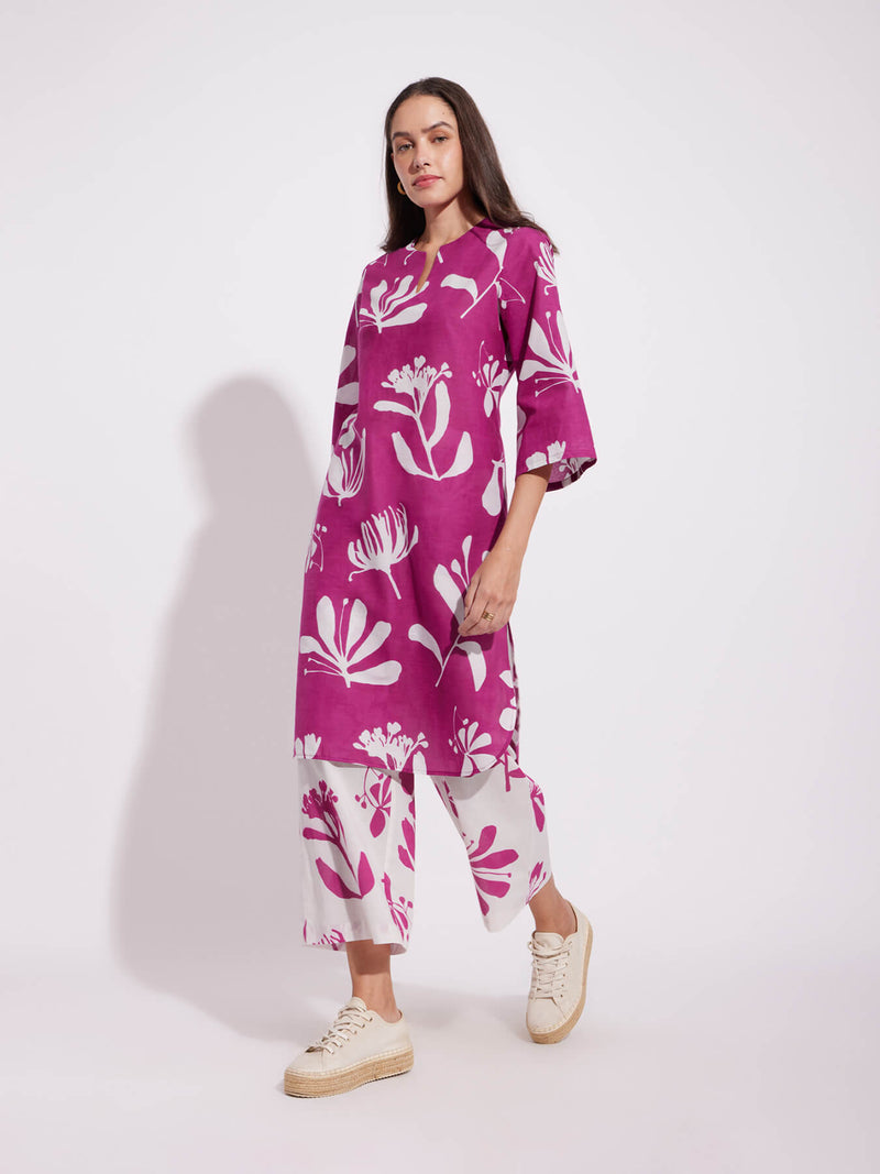 Cotton Contrast Floral Print Kurta Set - Pink