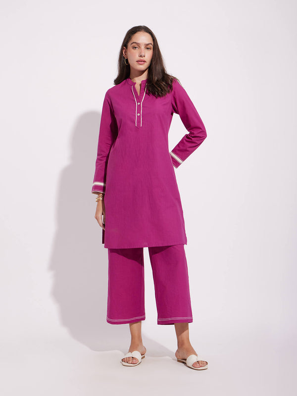 Cotton Solid Stitch Detail Kurta Set - Pink