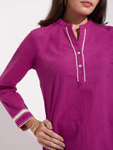 Cotton Solid Stitch Detail Kurta Set - Pink