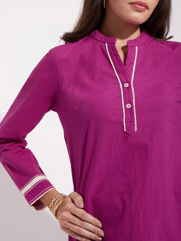 Cotton Solid Stitch Detail Kurta Set - Pink