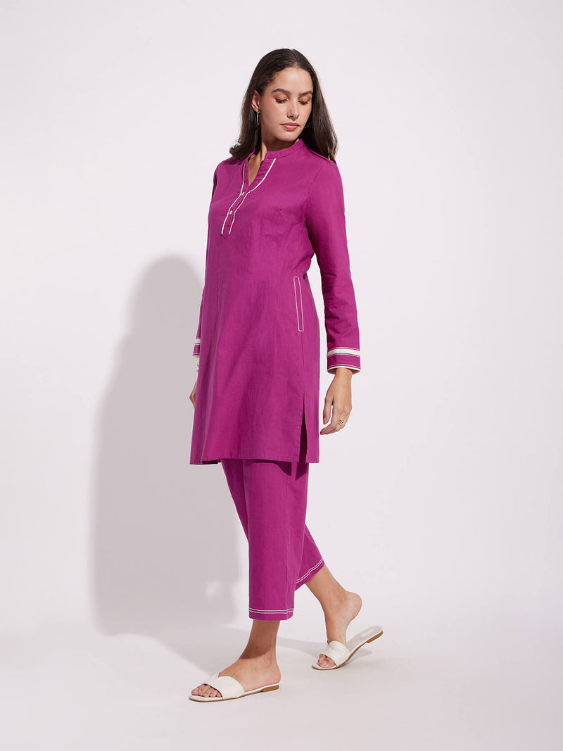 Cotton Solid Stitch Detail Kurta Set - Pink