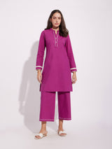 Cotton Solid Stitch Detail Kurta Set - Pink