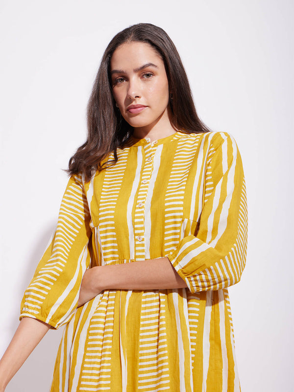 Cotton Stripe Play Kurta Set - Mustard