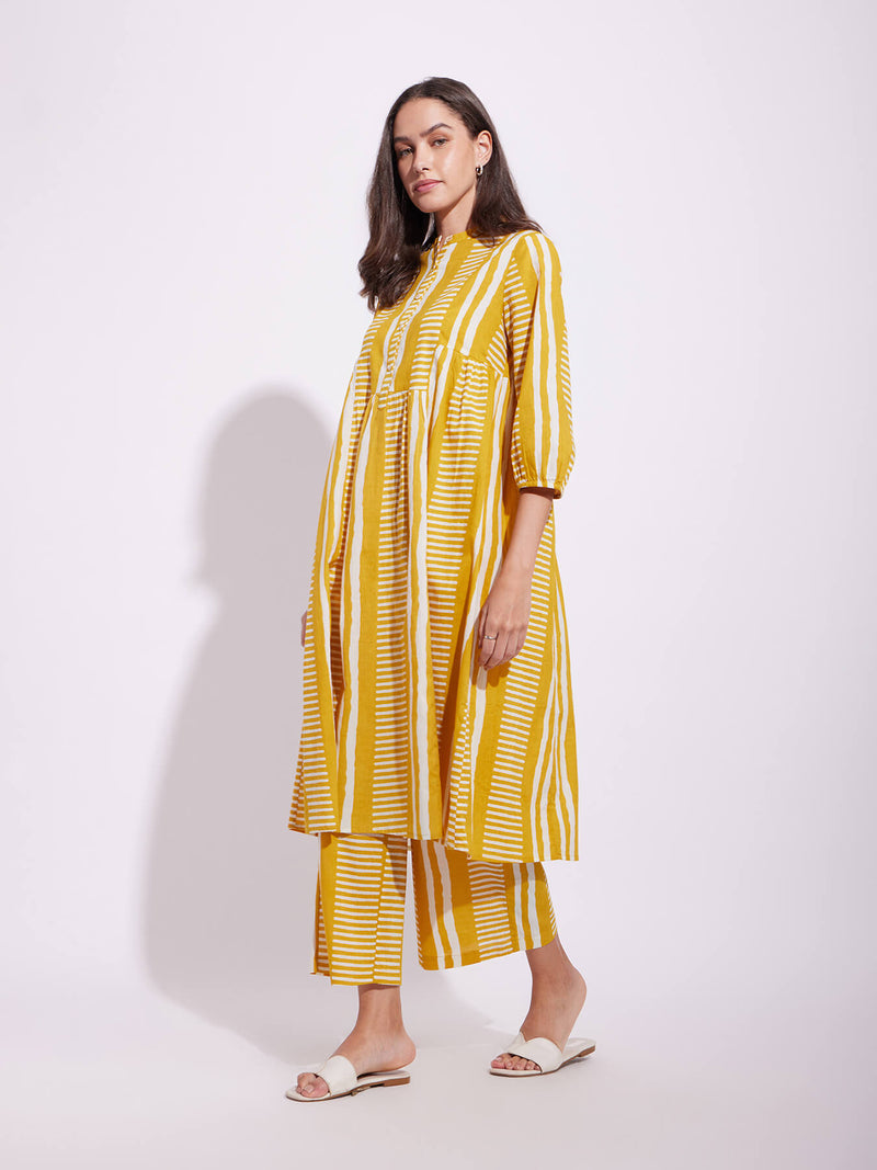 Cotton Stripe Play Kurta Set - Mustard