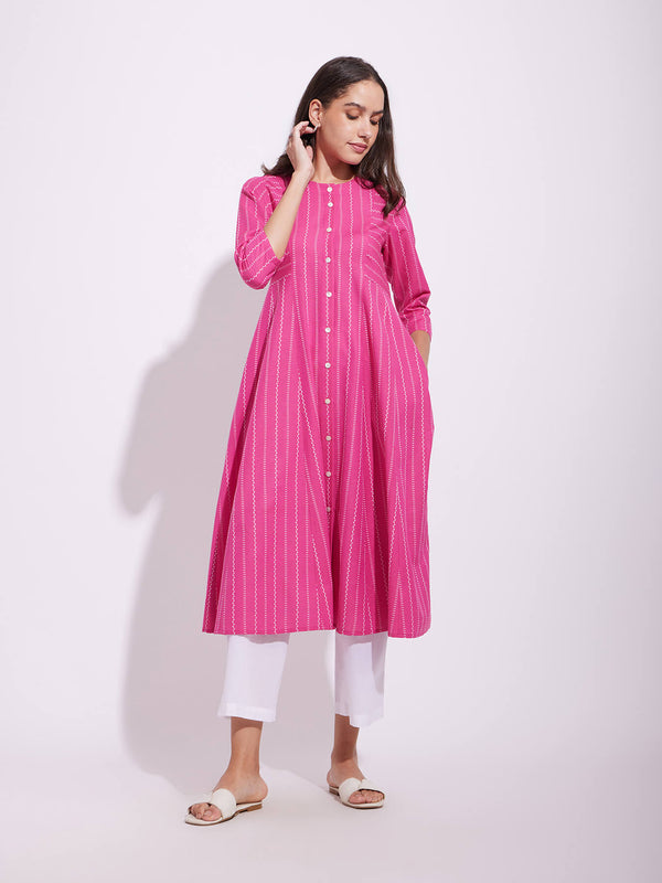 Cotton Stripe Play Kurta Set - Pink