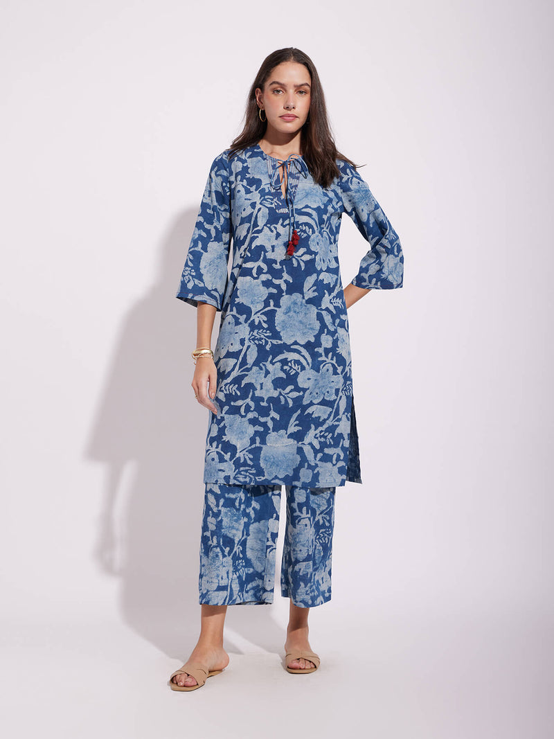 Cotton Dabu Floral Tie-Up Kurta Set - Indigo