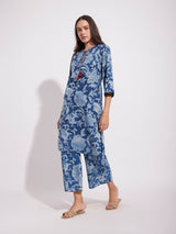 Cotton Dabu Floral Tie-Up Kurta Set - Indigo