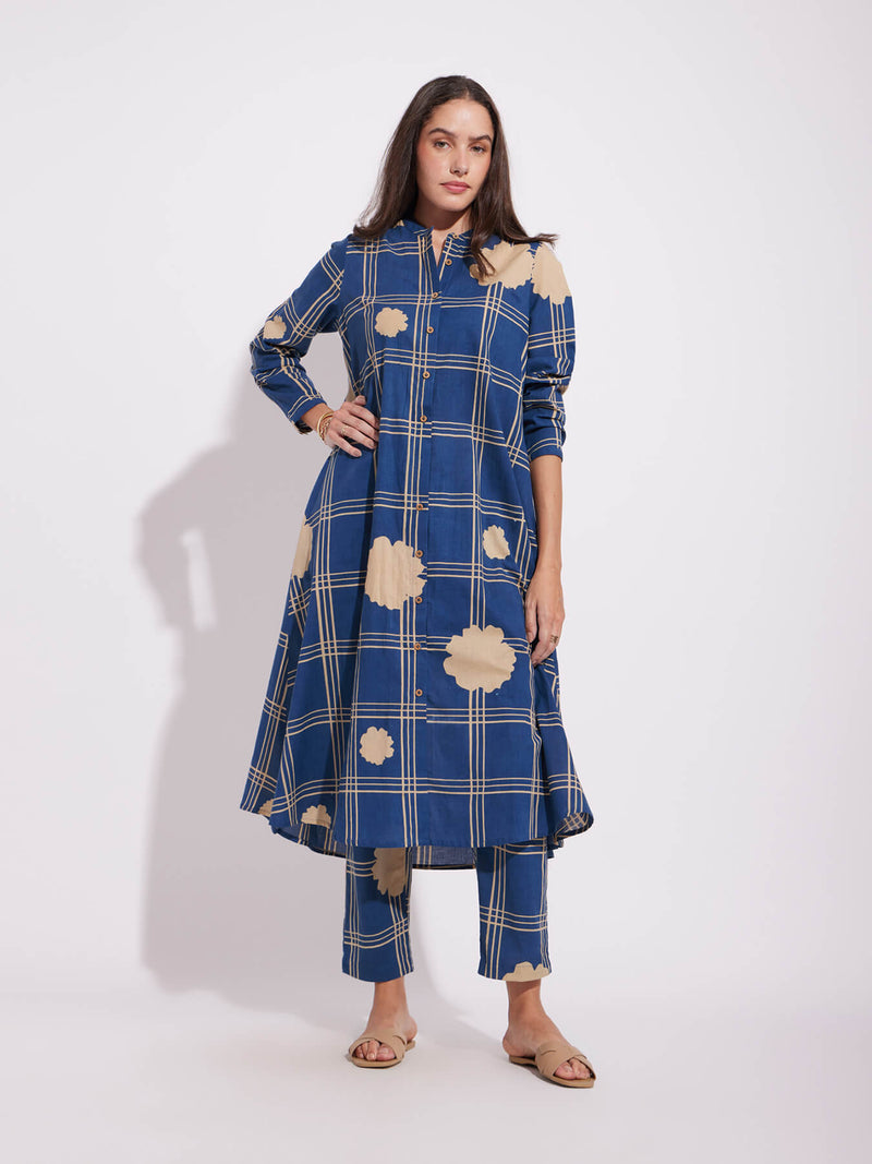 Cotton Checked A-Line Kurta Set - Blue