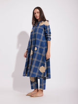 Cotton Checked A-Line Kurta Set - Blue