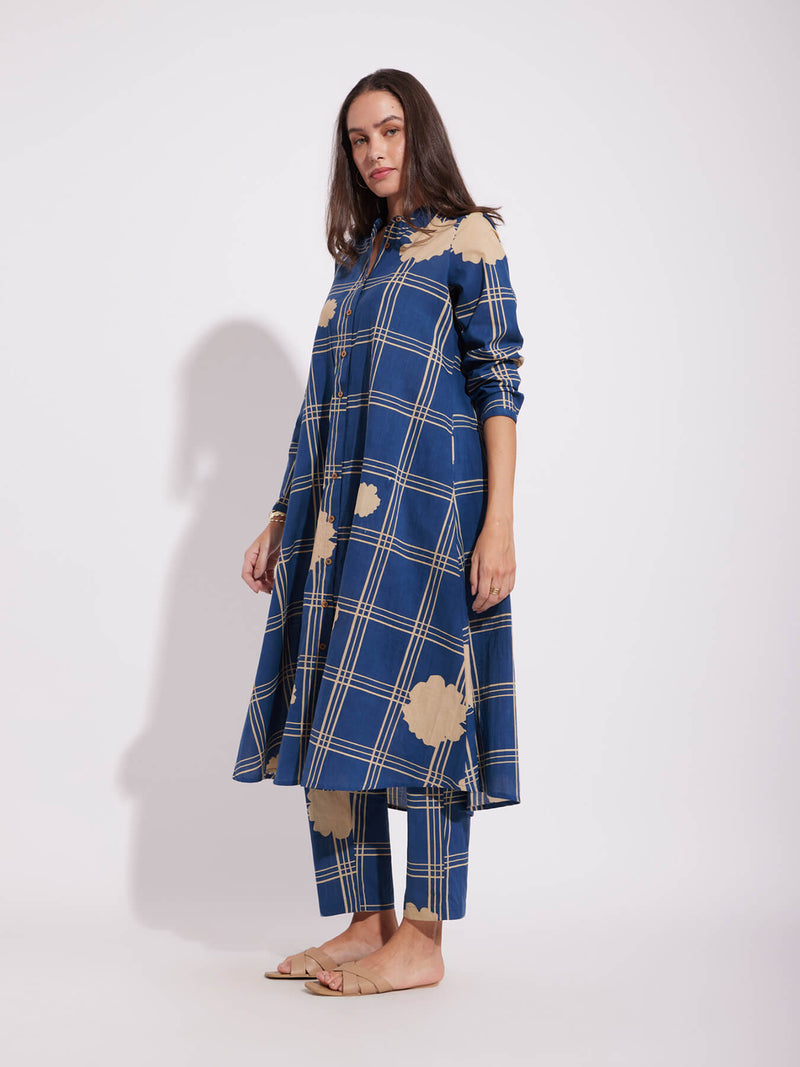 Cotton Checked A-Line Kurta Set - Blue