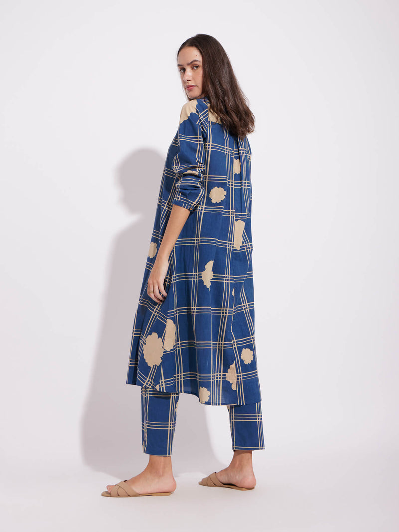 Cotton Checked A-Line Kurta Set - Blue