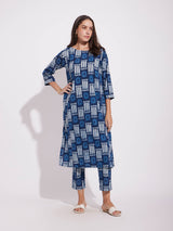 Cotton Dabu Geometric Print Kurta Set - Indigo