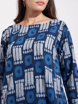 Cotton Dabu Geometric Print Kurta Set - Indigo