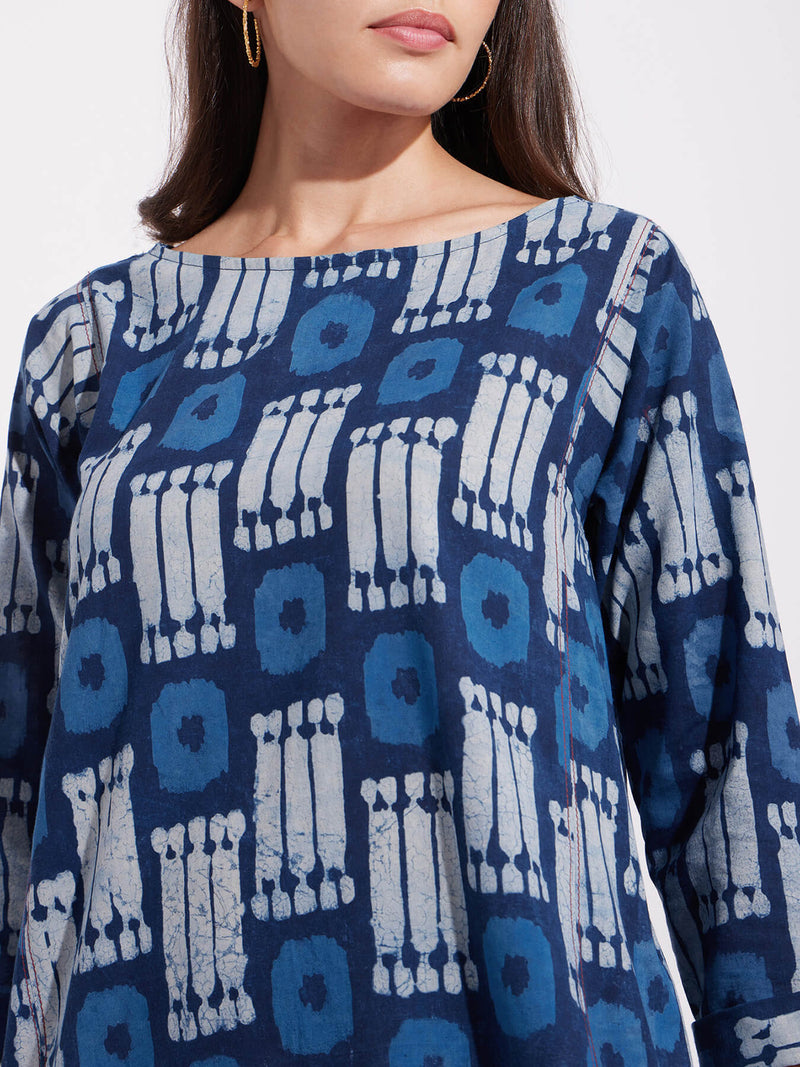 Cotton Dabu Geometric Print Kurta Set - Indigo