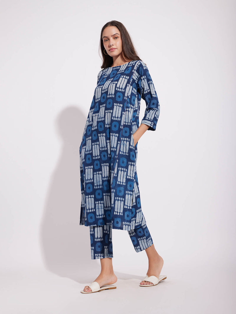 Cotton Dabu Geometric Print Kurta Set - Indigo