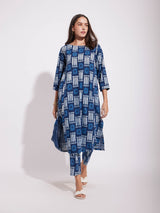 Cotton Dabu Geometric Print Kurta Set - Indigo