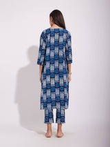 Cotton Dabu Geometric Print Kurta Set - Indigo