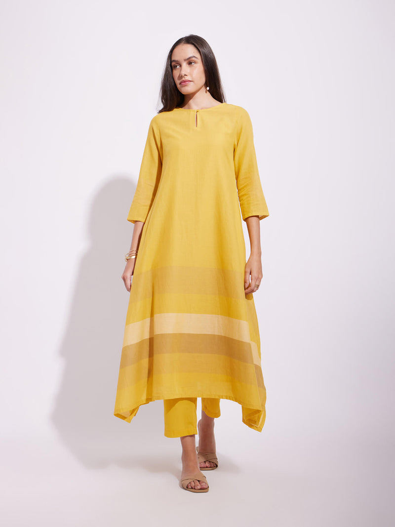 Cotton Stripe Play Asymmetrical Kurta Set - Yellow