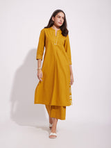 Cotton Solid Stitch Detail Kurta Set - Mustard