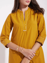 Cotton Solid Stitch Detail Kurta Set - Mustard