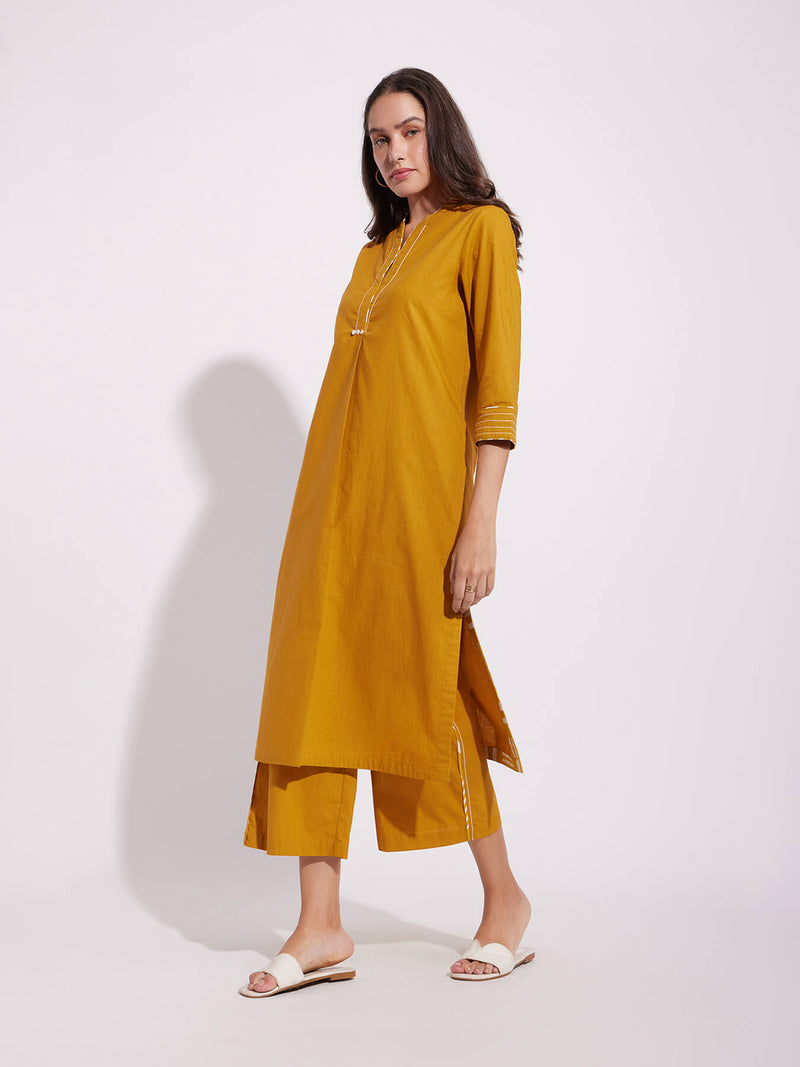 Cotton Solid Stitch Detail Kurta Set - Mustard