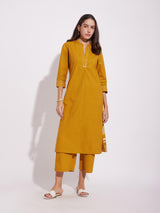 Cotton Solid Stitch Detail Kurta Set - Mustard