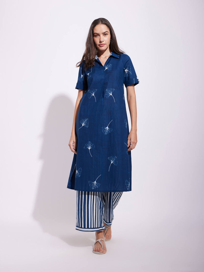 Cotton Floral Shirt Kurta Set - Blue