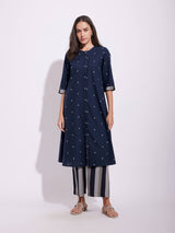 Cotton Geometric Motif Kurta Set - Navy Blue