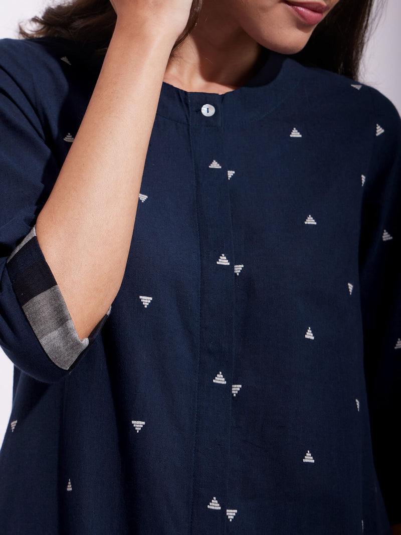 Cotton Geometric Motif Kurta Set - Navy Blue