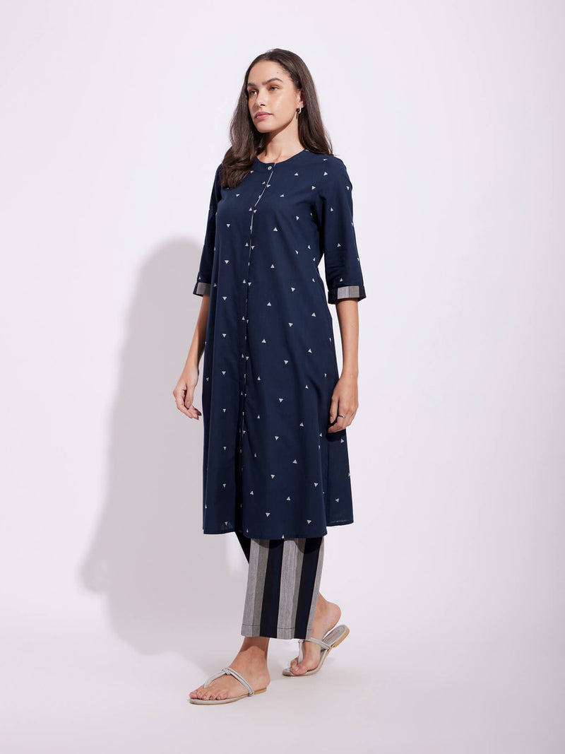 Cotton Geometric Motif Kurta Set - Navy Blue