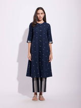 Cotton Geometric Motif Kurta Set - Navy Blue