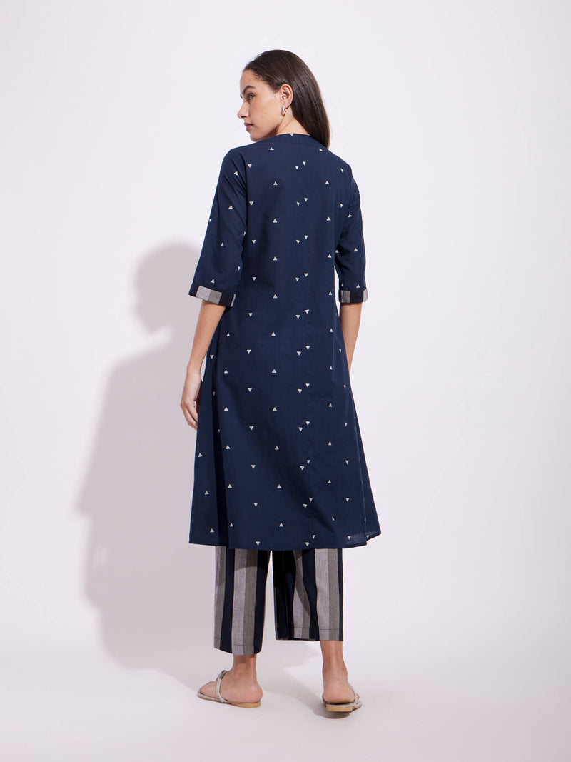 Cotton Geometric Motif Kurta Set - Navy Blue