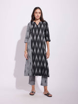 Cotton Ikat Colourblock Kurta Set - Black & Grey